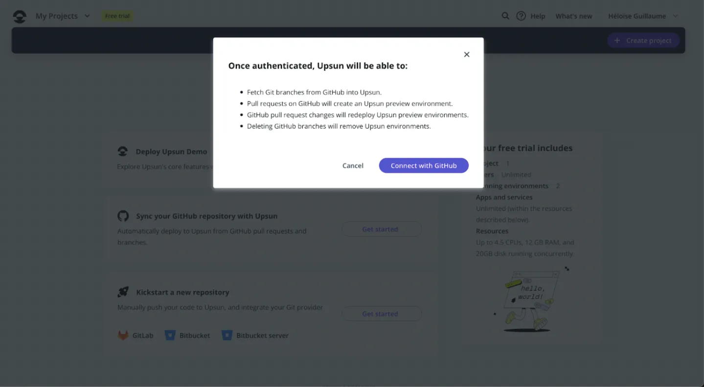 Modale d'authentification Upsun. Présente les permissions qui seront accordées à Upsun après la connexion avec Github.